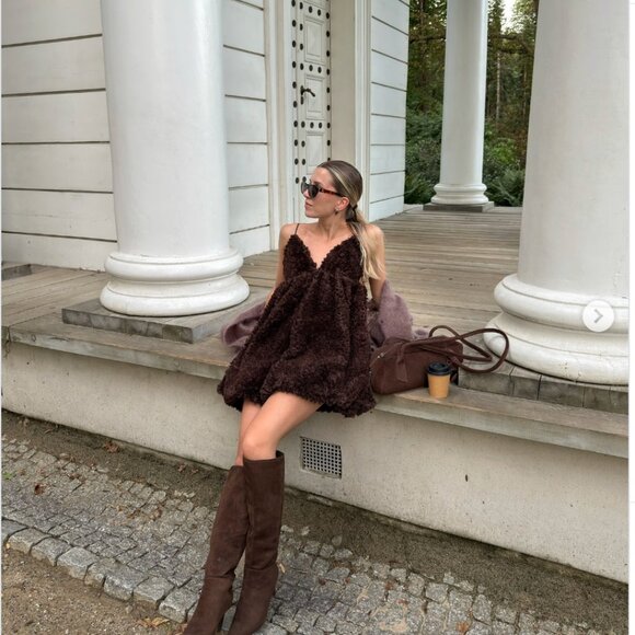 Zara Fluffy Voluminous Mini Dress NWT Chocolate Brown Size Large Blogger Fav - Picture 3 of 10